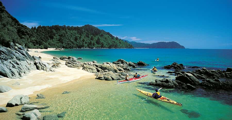 Mārahau: Abel Tasman Marine Reserve Kayak Tour - A practical lunch break on the beach
