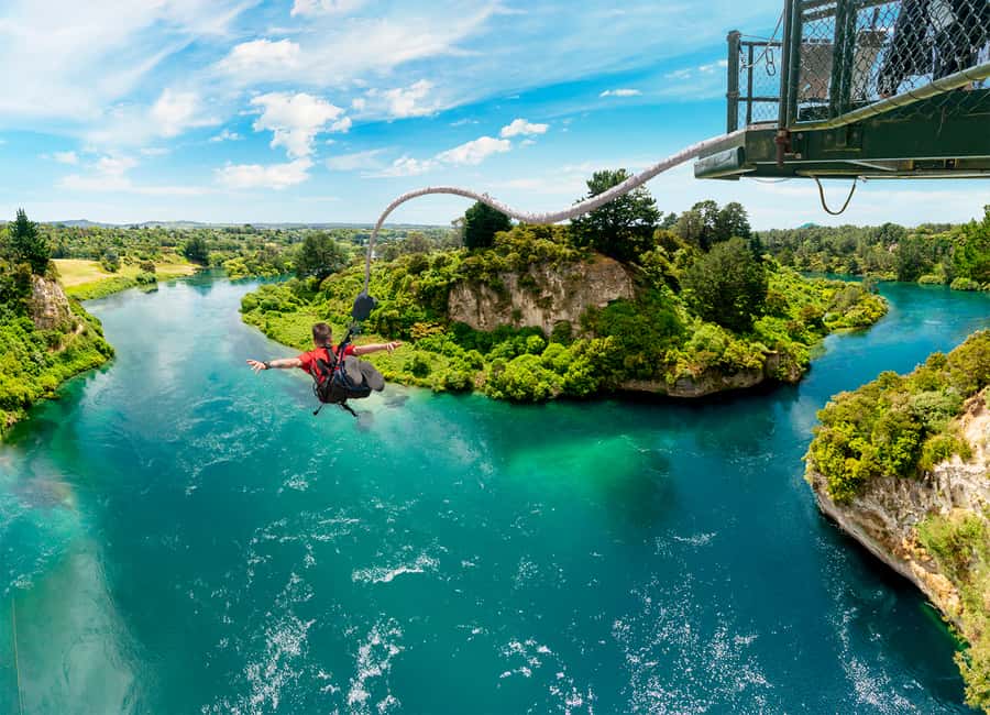 Taupō: AJ Hackett Taupō Bungy - NZ's Highest Water Touch! - Check-in, harness, and the walk to the platform