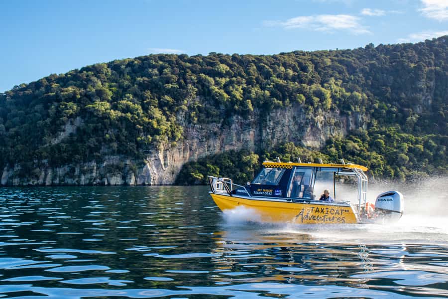 Taupo: Lake Taupo Western Bays Catamaran Tour with Bush Walk - Rock cliffs, small waterfalls, and the open lake